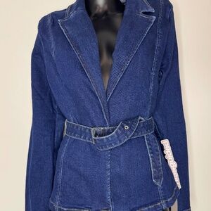 MISSGUIDED Cotton Women's Belted Denim Blazer Jacket Classic Lapel Collar